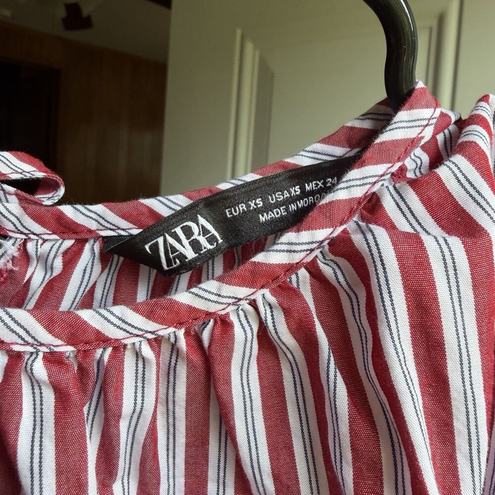 ZARA Striped Poplin Top Red White Blue Striped Sz XS Sleeveless Crop With Tie - Picture 9 of 12